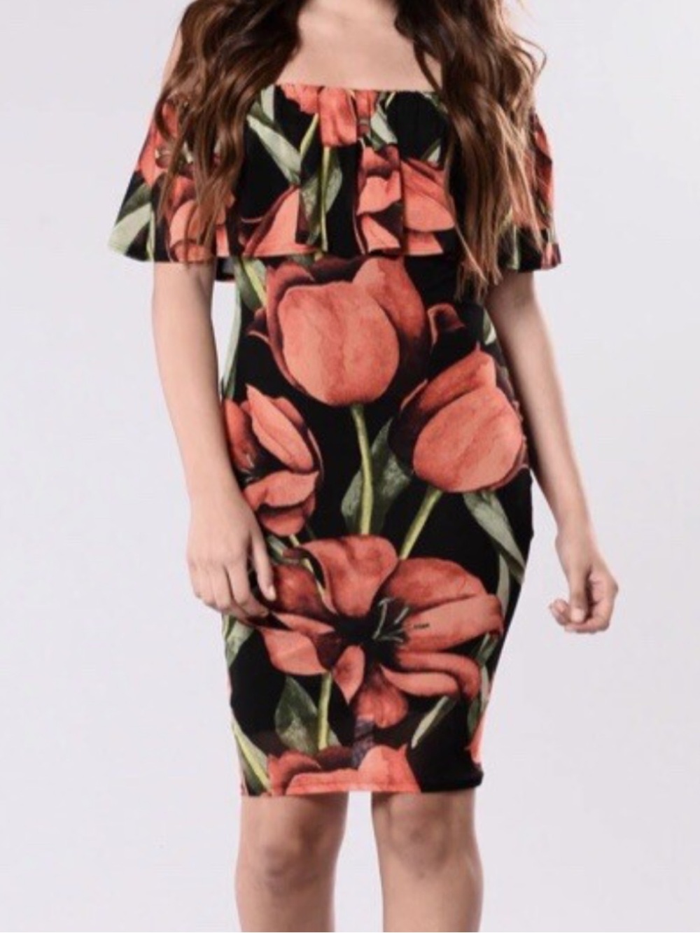 ASOS Black Off-the-Shoulder Midi Dress with Coral Floral Print